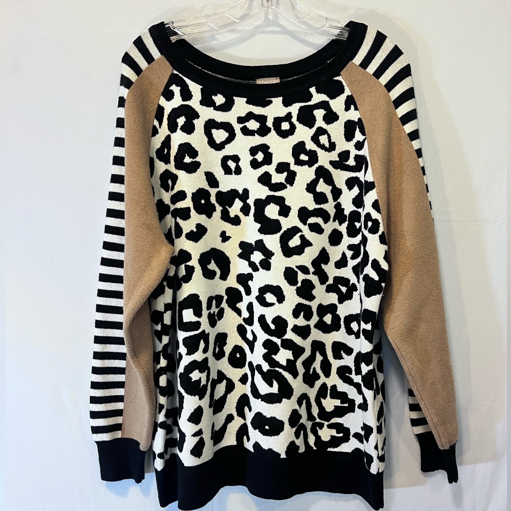 Chicos Zenergy Animal Print Sweater Casual Long Sleeve Leopard Size 3 Cotton XL